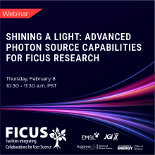 Graphic announcing a webinar titled "Shining a Light: Advanced Photon Source Capabilities for FICUS Research" on Thursday, Feb. 8 from 12:30 to 1:30 p.m. Central time.