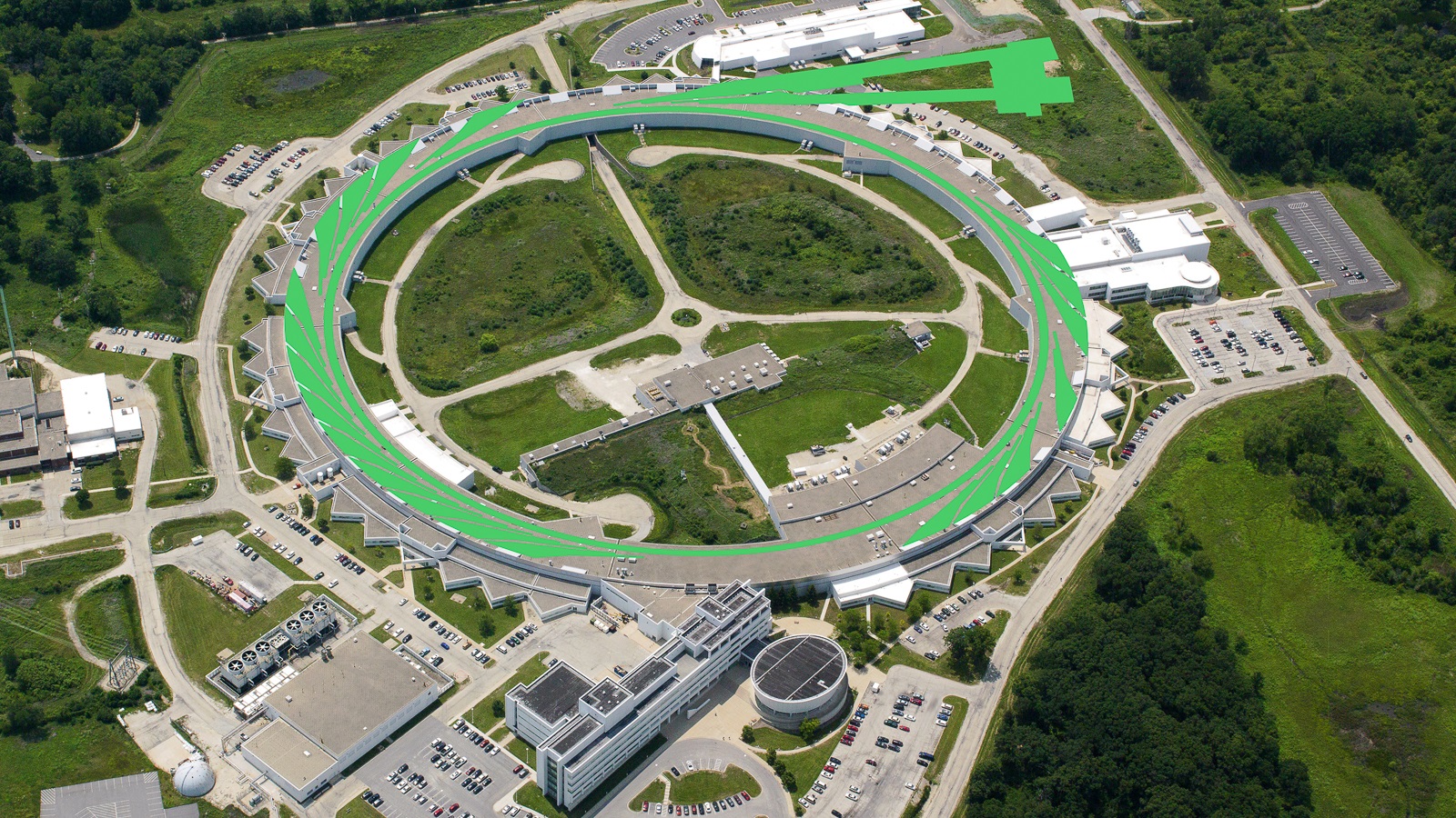 This superimposed image shows the storage ring and beamlines that will be newly built or updated for the APS Upgrade, including the Long Beamline Building (upper right), a new structure that will house two longer beamlines.