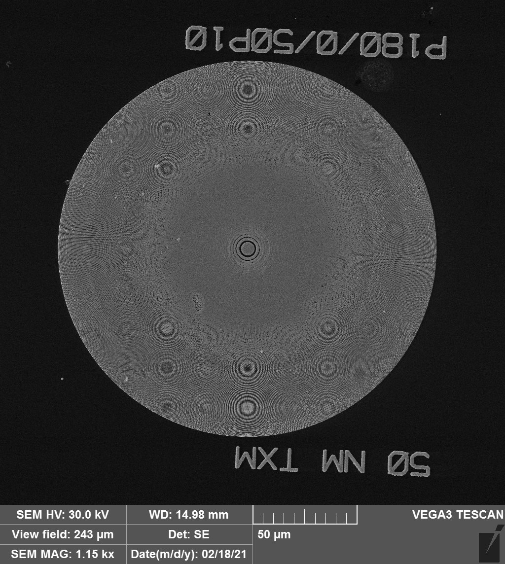 Figure 1: SEM image of a 50 nm zone plate, 180 µm diameter, and 1000 nm thick Au. 