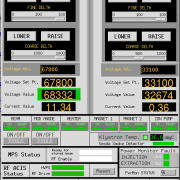 A view of a series of readouts with green lights, showing that beam is back in the booster accelerator